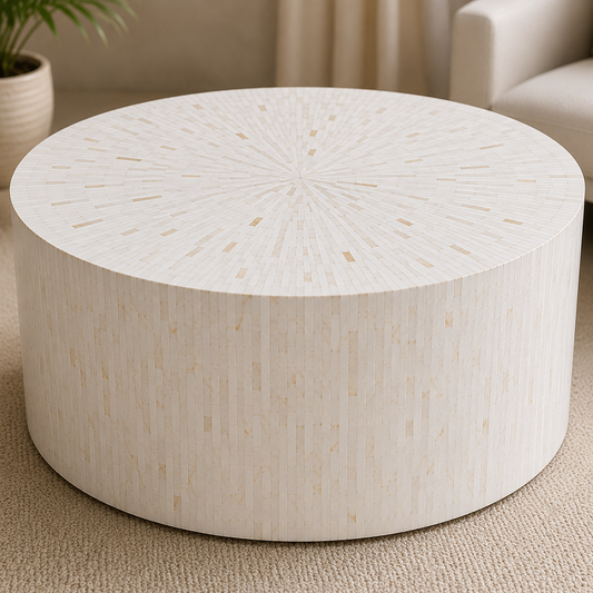 Luxury White Bone Inlay Round Coffee Table | Handmade Modern Living Room Center Table