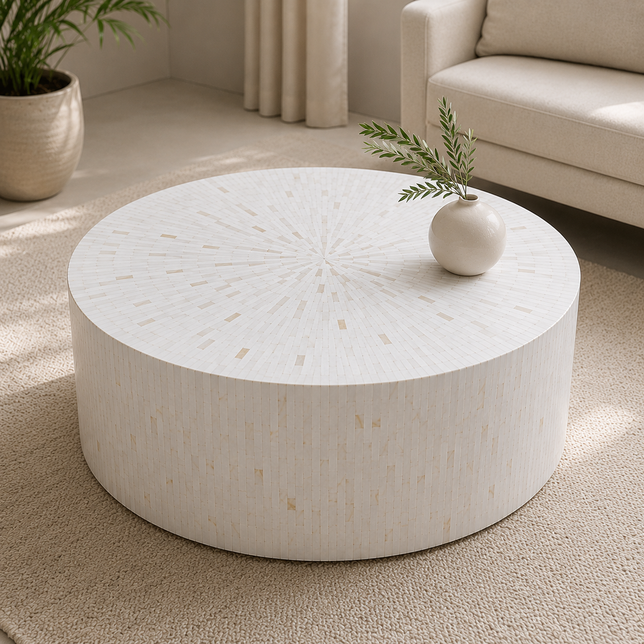 Luxury White Bone Inlay Round Coffee Table | Handmade Modern Living Room Center Table