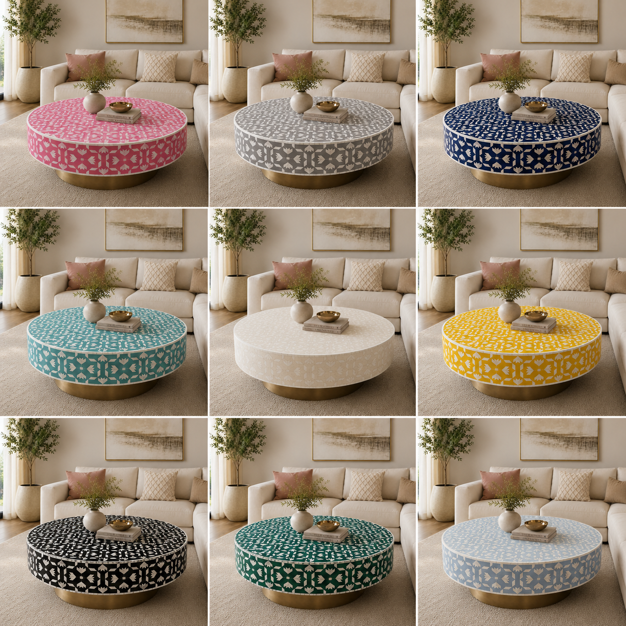 Handcrafted Floral Bone Inlay Round Coffee Table