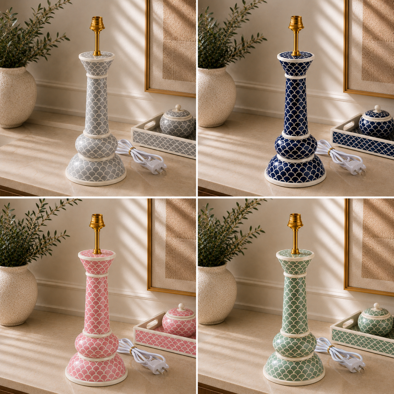 Handcrafted Bone Inlay Scallop Table Lamp Base | Luxury Decorative Accent Lamp | Available in Grey, Navy Blue, Pink, Sage Green & Turquoise | JOTDECOR