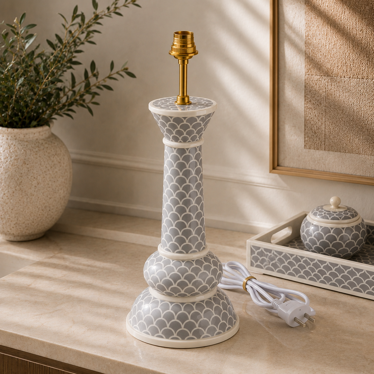 Handcrafted Bone Inlay Scallop Table Lamp Base | Luxury Decorative Accent Lamp | Available in Grey, Navy Blue, Pink, Sage Green & Turquoise | JOTDECOR