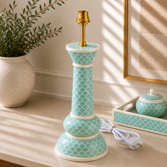 Handcrafted Bone Inlay Scallop Table Lamp Base | Luxury Decorative Accent Lamp | Available in Grey, Navy Blue, Pink, Sage Green & Turquoise | JOTDECOR