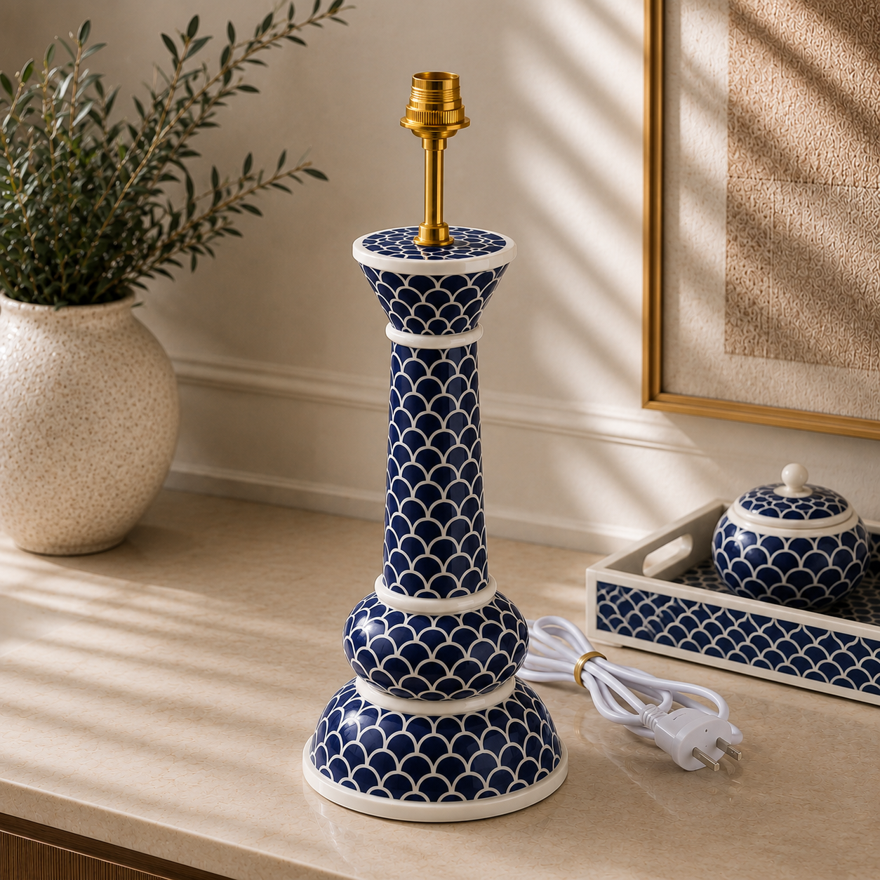 Handcrafted Bone Inlay Scallop Table Lamp Base | Luxury Decorative Accent Lamp | Available in Grey, Navy Blue, Pink, Sage Green & Turquoise | JOTDECOR