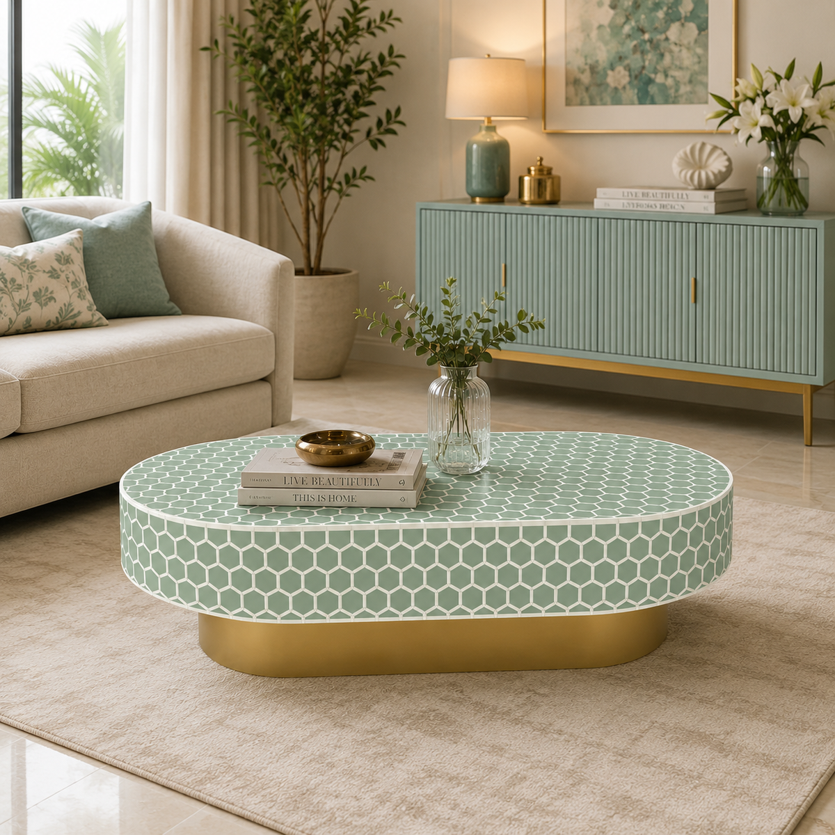 Honeycomb Pattern Bone Inlay Oval Coffee Table with Gold Base