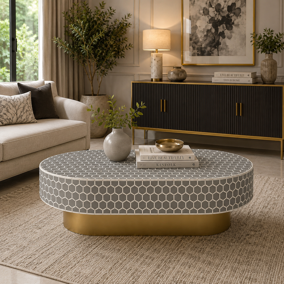 Honeycomb Pattern Bone Inlay Oval Coffee Table with Gold Base