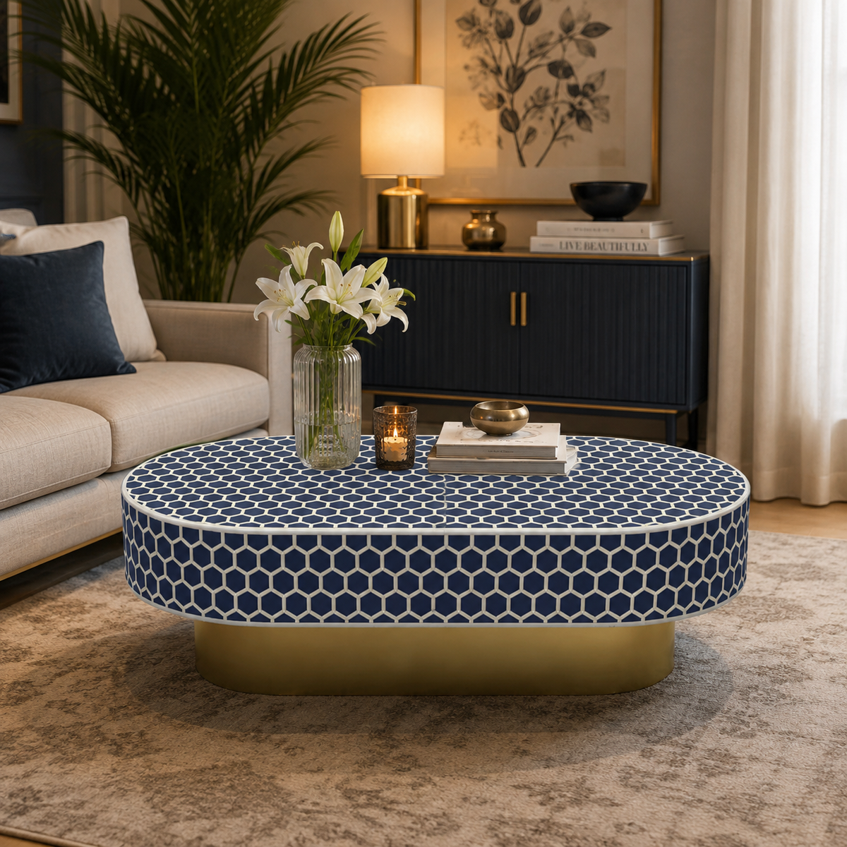 Honeycomb Pattern Bone Inlay Oval Coffee Table with Gold Base