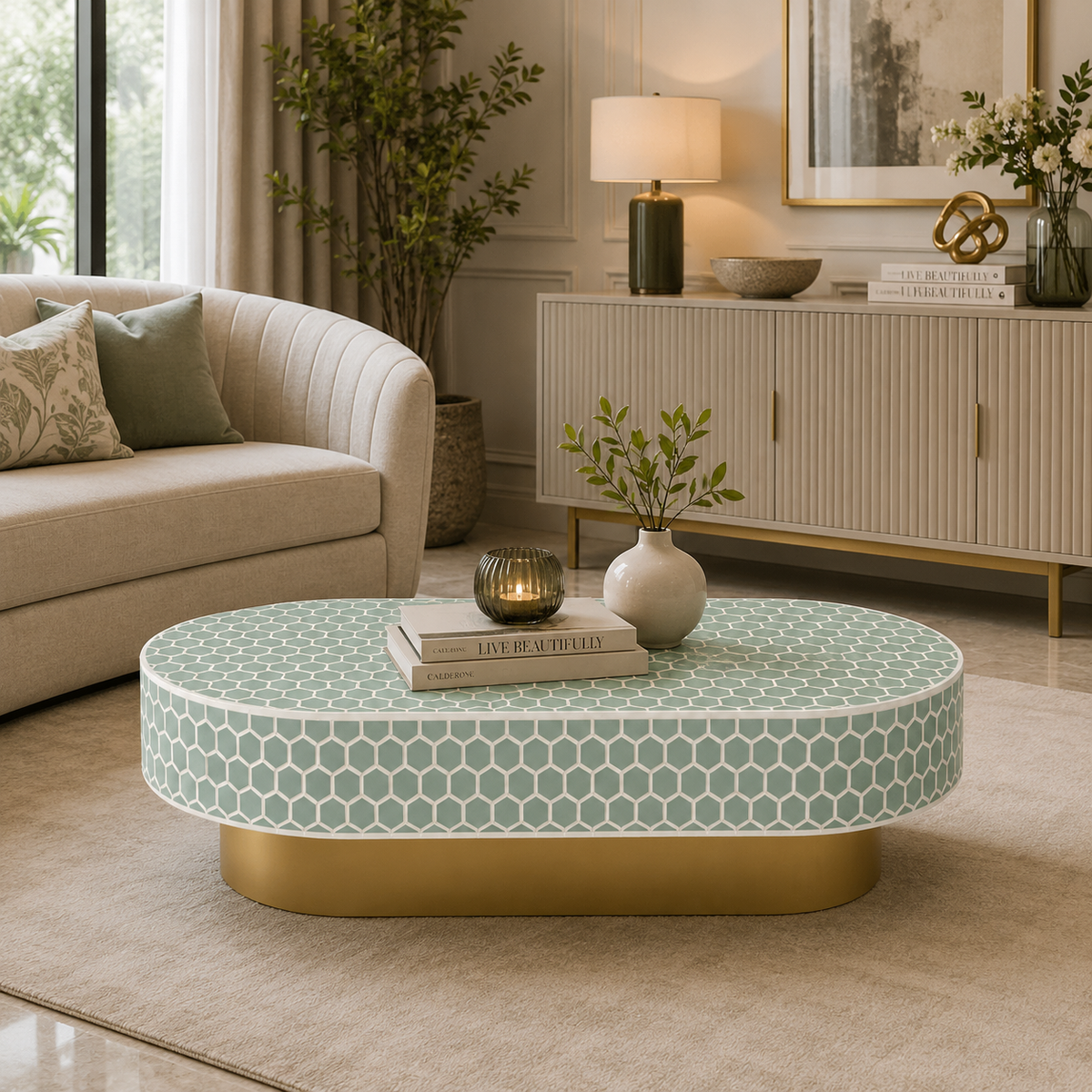 Honeycomb Pattern Bone Inlay Oval Coffee Table with Gold Base
