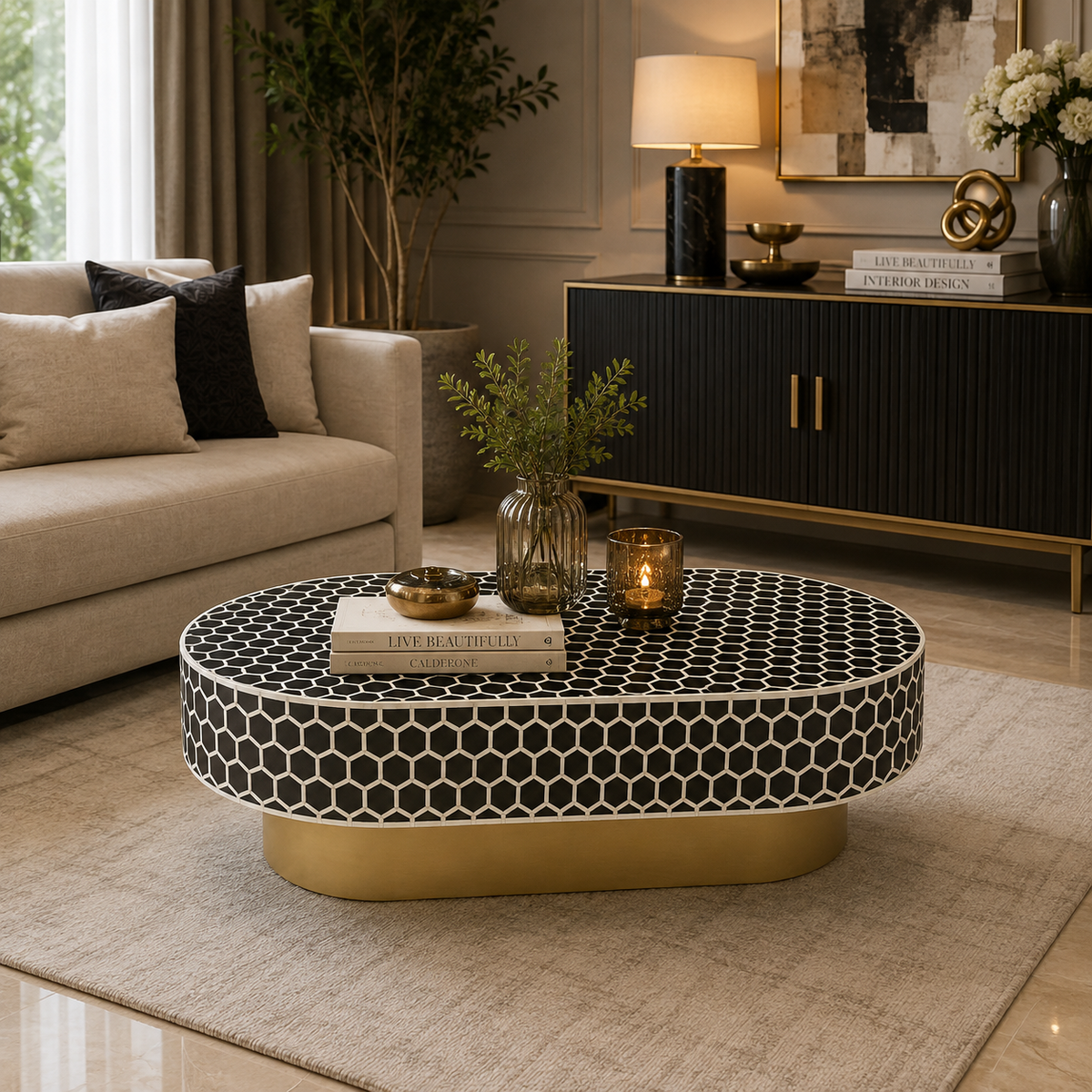 Honeycomb Pattern Bone Inlay Oval Coffee Table with Gold Base