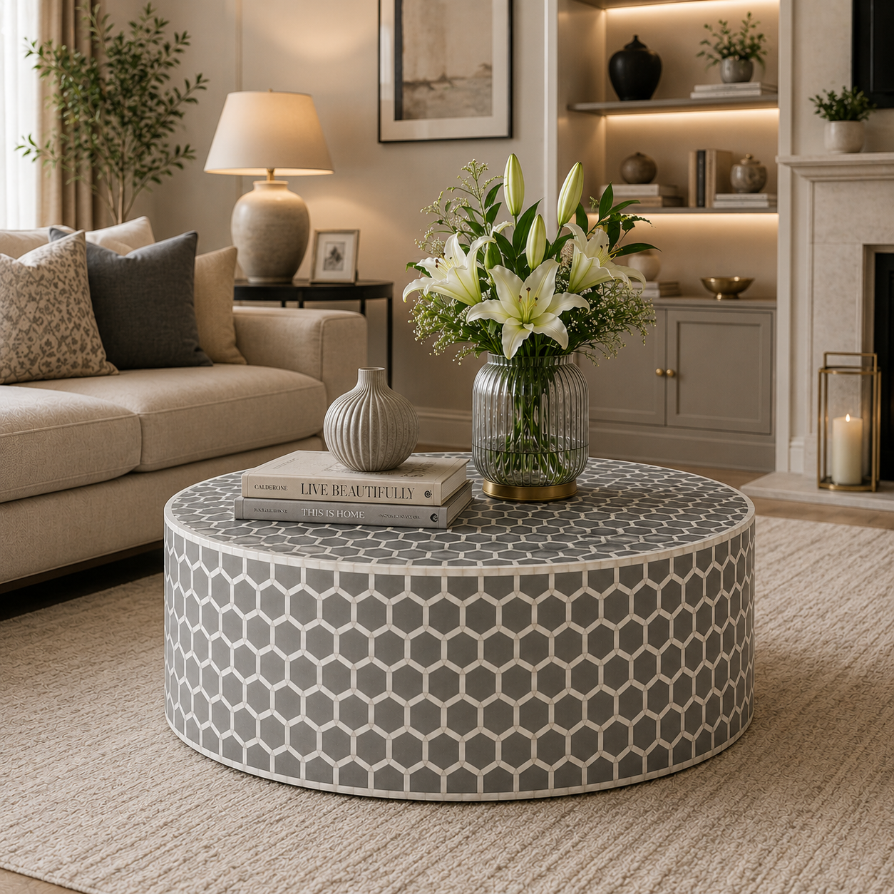 Luxury Honeycomb Bone Inlay Round Coffee Table – Handcrafted Black & White Inlay Center Table | JOTDECOR