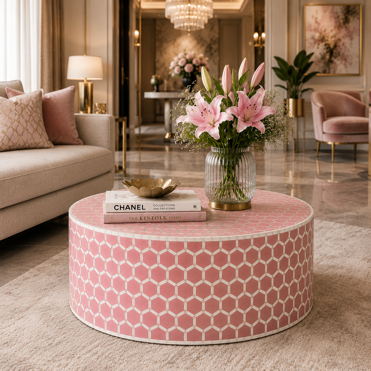 Luxury Honeycomb Bone Inlay Round Coffee Table – Handcrafted Black & White Inlay Center Table | JOTDECOR
