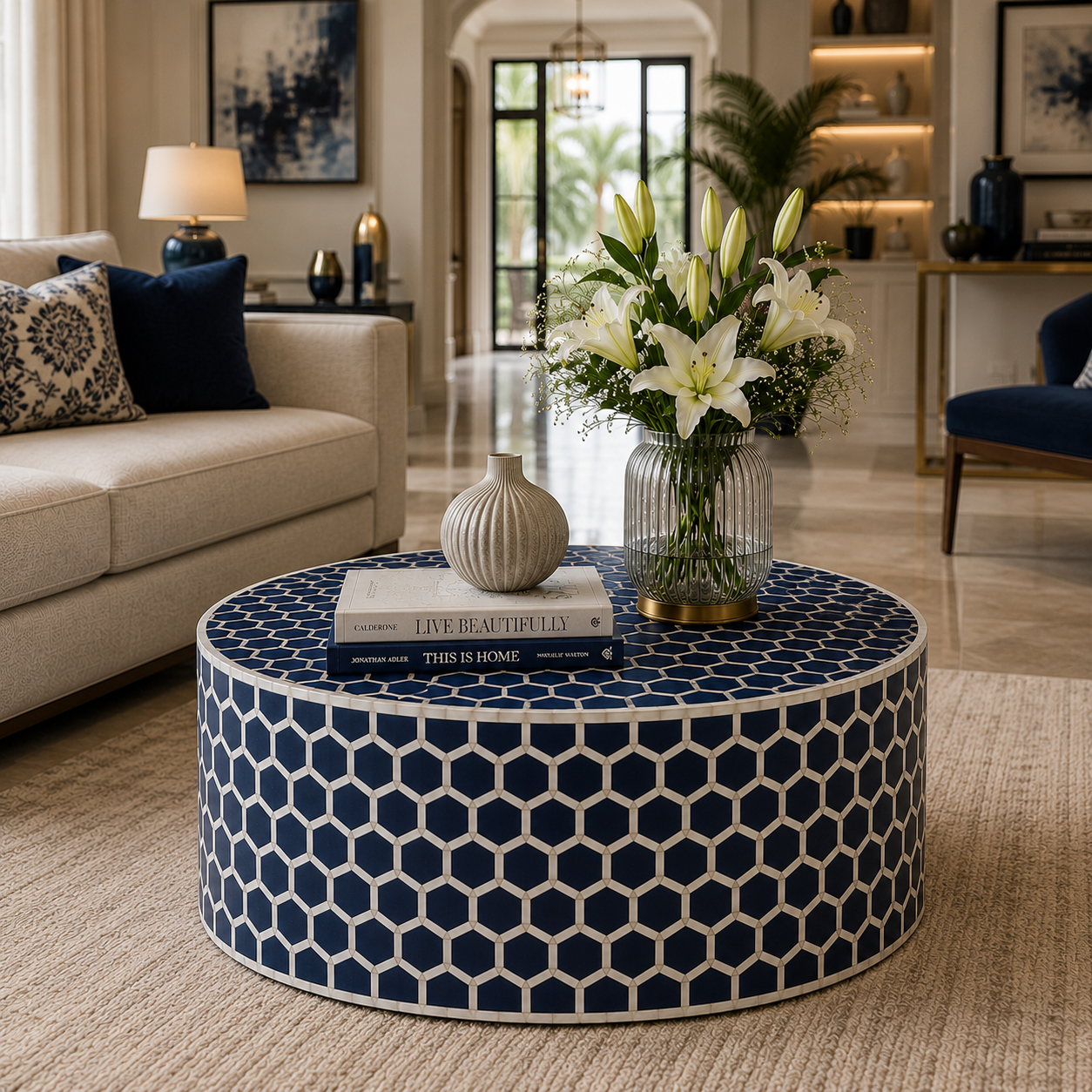 Luxury Honeycomb Bone Inlay Round Coffee Table – Handcrafted Black & White Inlay Center Table | JOTDECOR