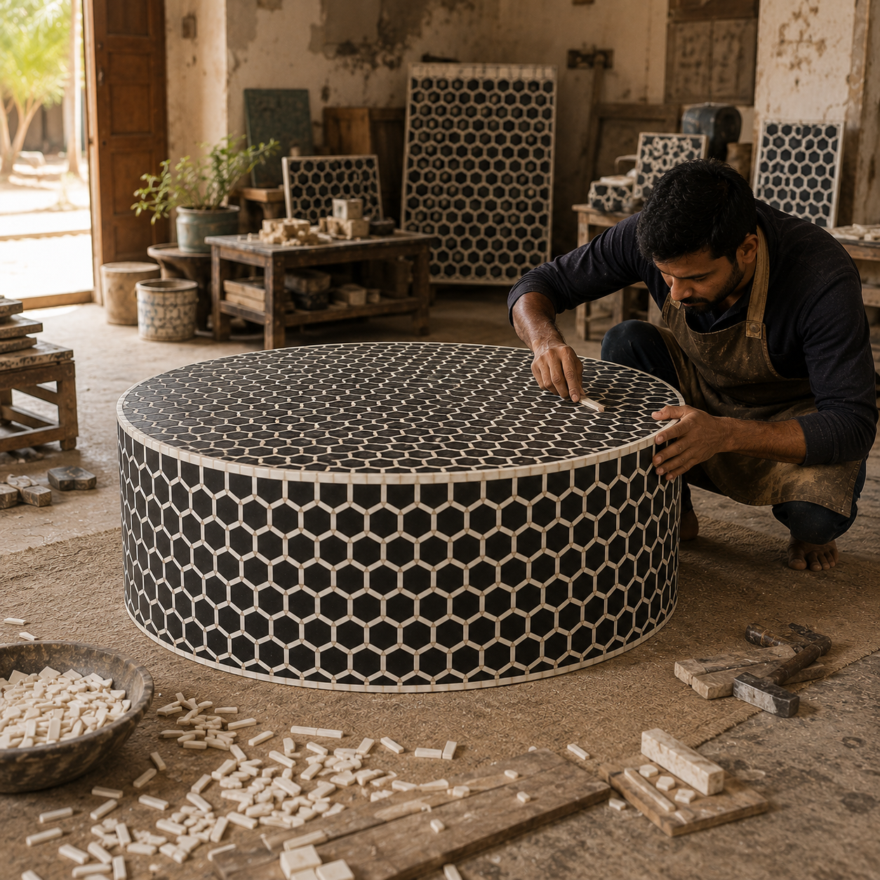 Luxury Honeycomb Bone Inlay Round Coffee Table – Handcrafted Black & White Inlay Center Table | JOTDECOR