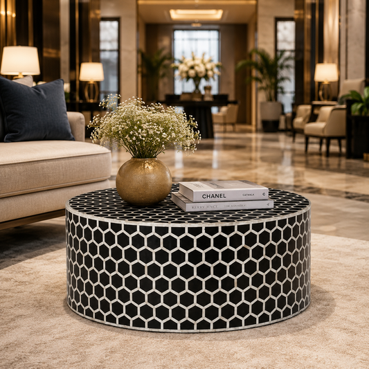 Luxury Honeycomb Bone Inlay Round Coffee Table – Handcrafted Black & White Inlay Center Table | JOTDECOR