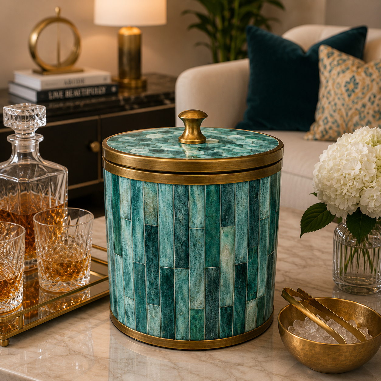Handcrafted Bone Inlay Ice Bucket with Antique Brass Trim | Luxury Barware