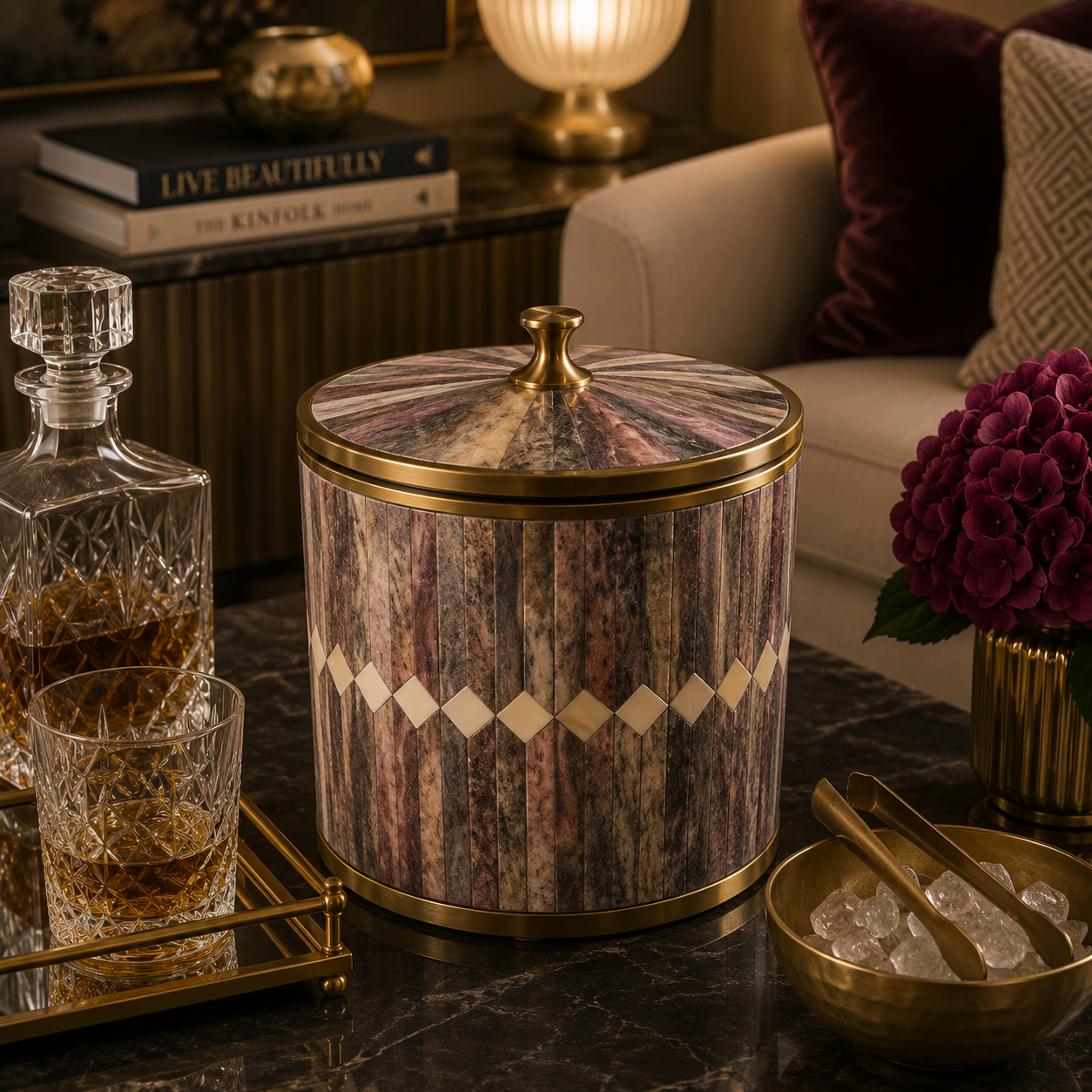 Handcrafted Bone Inlay Ice Bucket with Antique Brass Trim | Luxury Barware