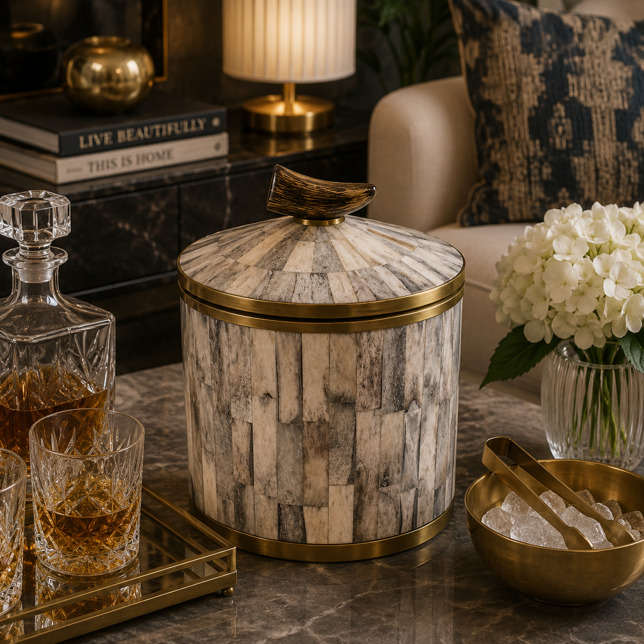 Handcrafted Bone Inlay Ice Bucket with Antique Brass Trim | Luxury Barware