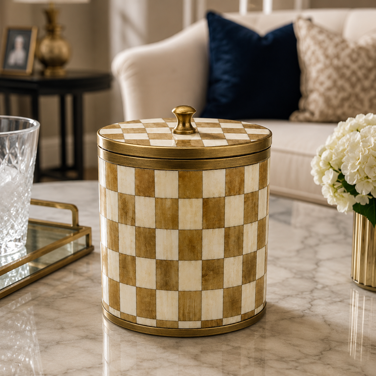 Handcrafted Bone Inlay Ice Bucket with Antique Brass Trim | Luxury Barware