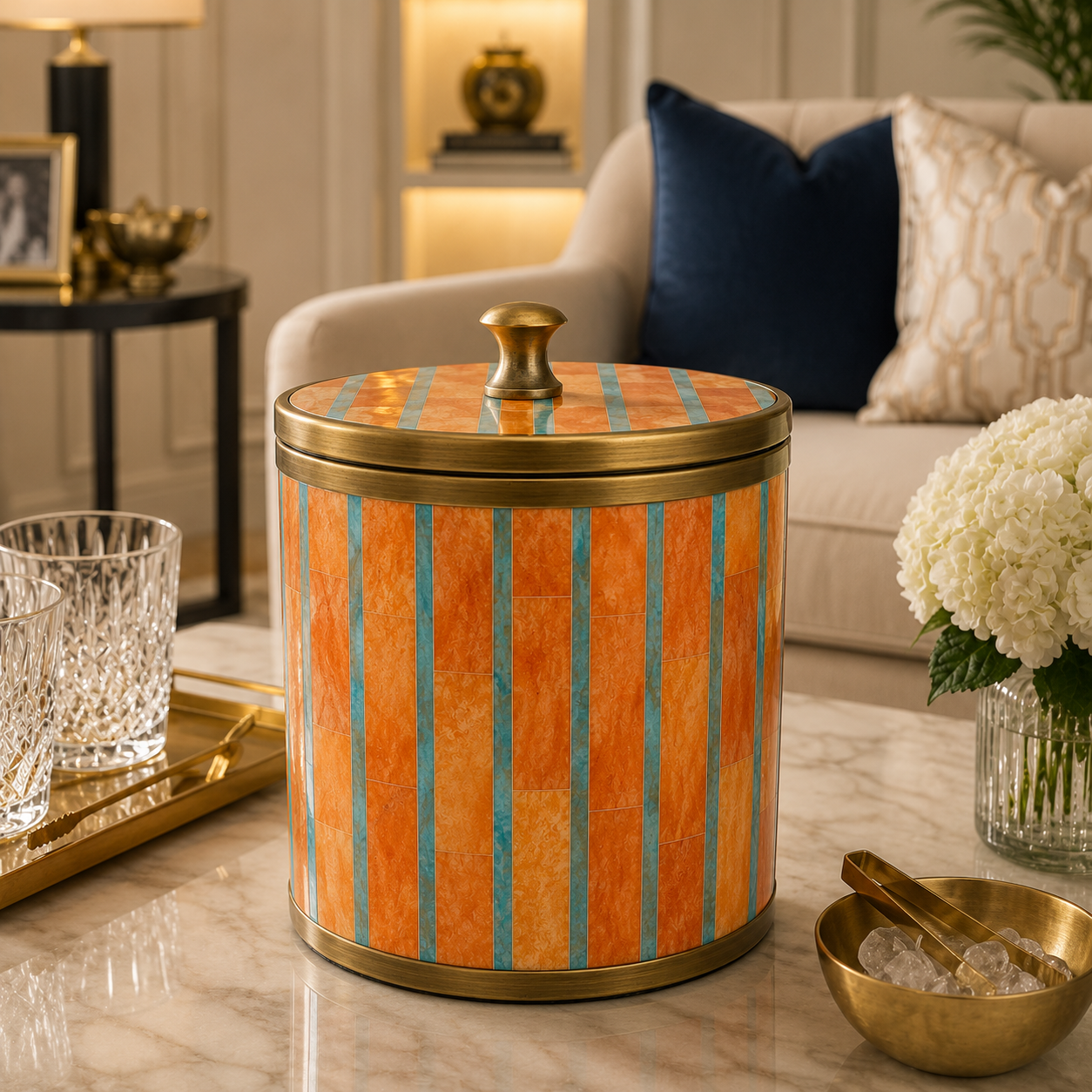 Handcrafted Bone Inlay Ice Bucket with Antique Brass Trim | Luxury Barware