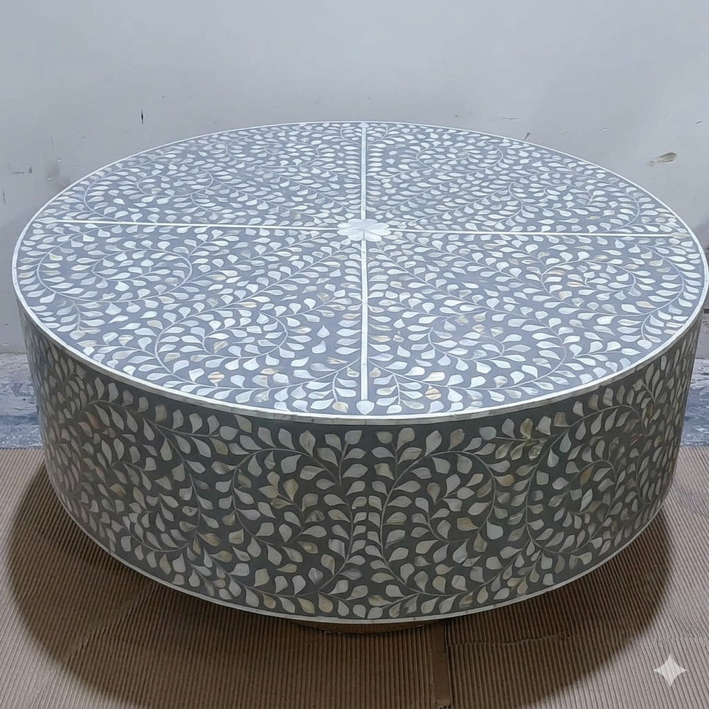 Handcrafted Mother of Pearl Inlay Round Coffee Table – Leaf Vine Floral Pattern | Luxury Living Room Center Table | JOTDECOR