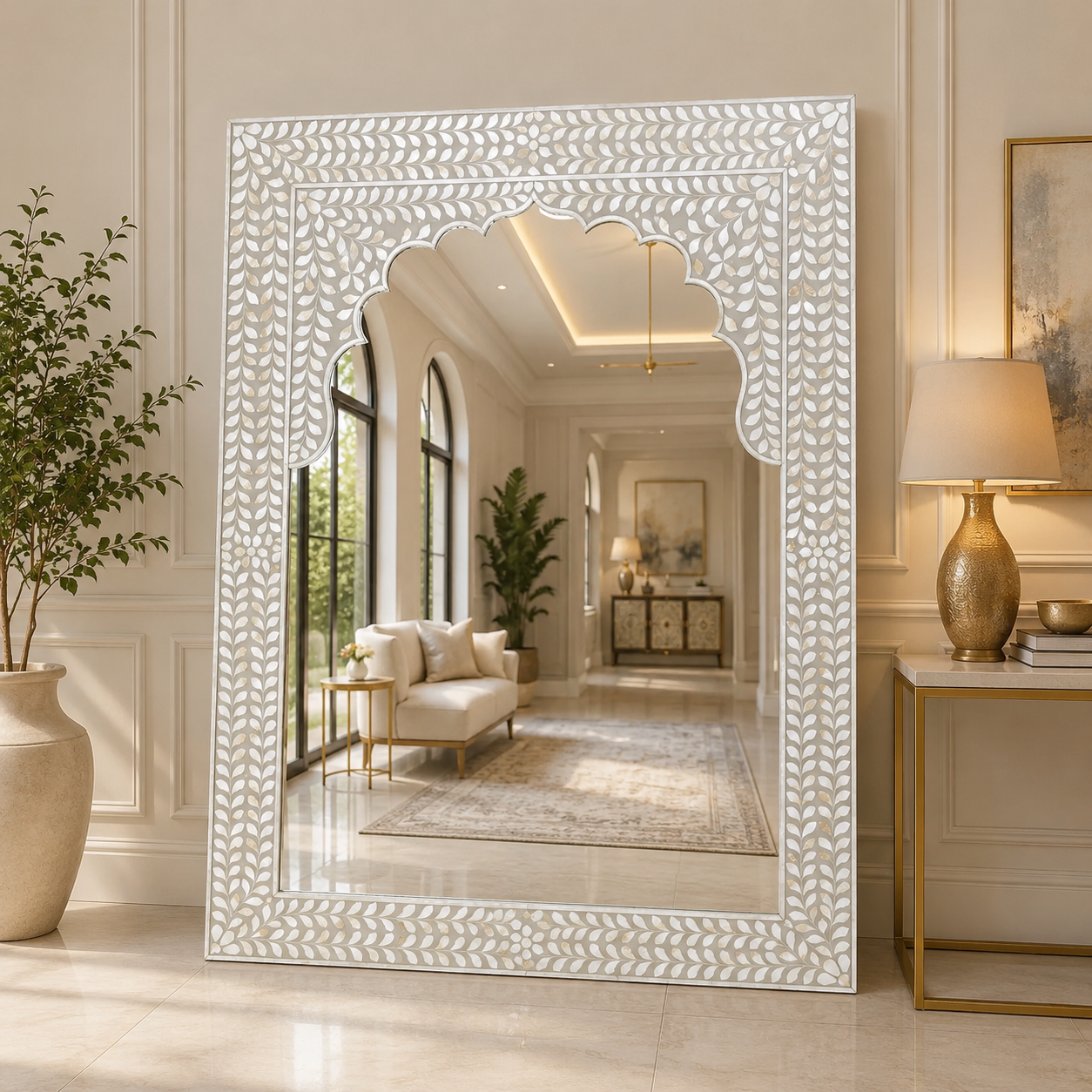 Handcrafted White Mother Of Pearl Inlay Arch Wall Mirror | Luxury Decorative Dressing & Entryway Mirror | JOTDECOR