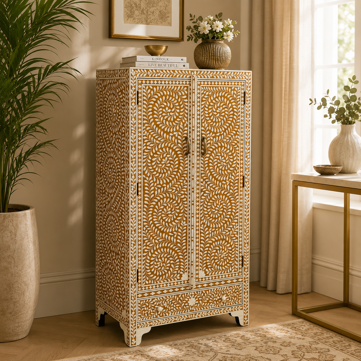 Handcrafted Floral Vine Mother Of Pearl Inlay Cabinet  | Luxury Storage Cabinet | JOTDECOR