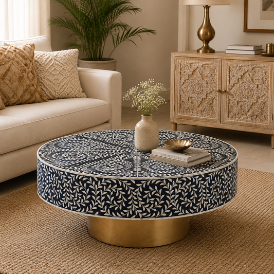 Handcrafted Black Mother of Pearl Floral Vine Round Coffee Table with Brass Base