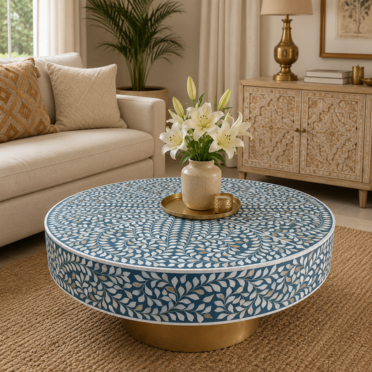Handcrafted Black Mother of Pearl Floral Vine Round Coffee Table with Brass Base