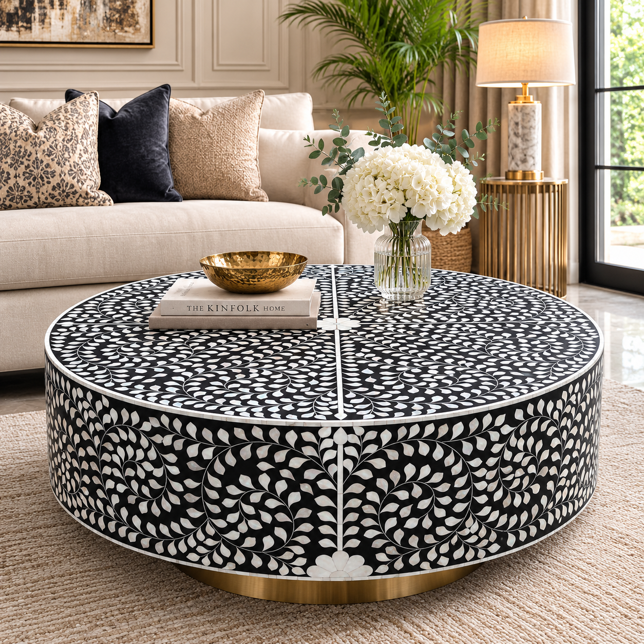 Handcrafted Mother of Pearl Inlay Round Coffee Table – Leaf Vine Floral Pattern | Luxury Living Room Center Table | JOTDECOR