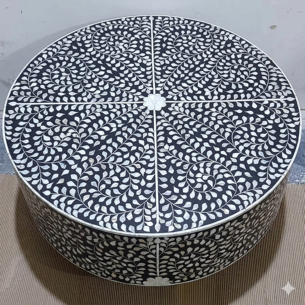 Handcrafted Mother of Pearl Inlay Round Coffee Table – Leaf Vine Floral Pattern | Luxury Living Room Center Table | JOTDECOR