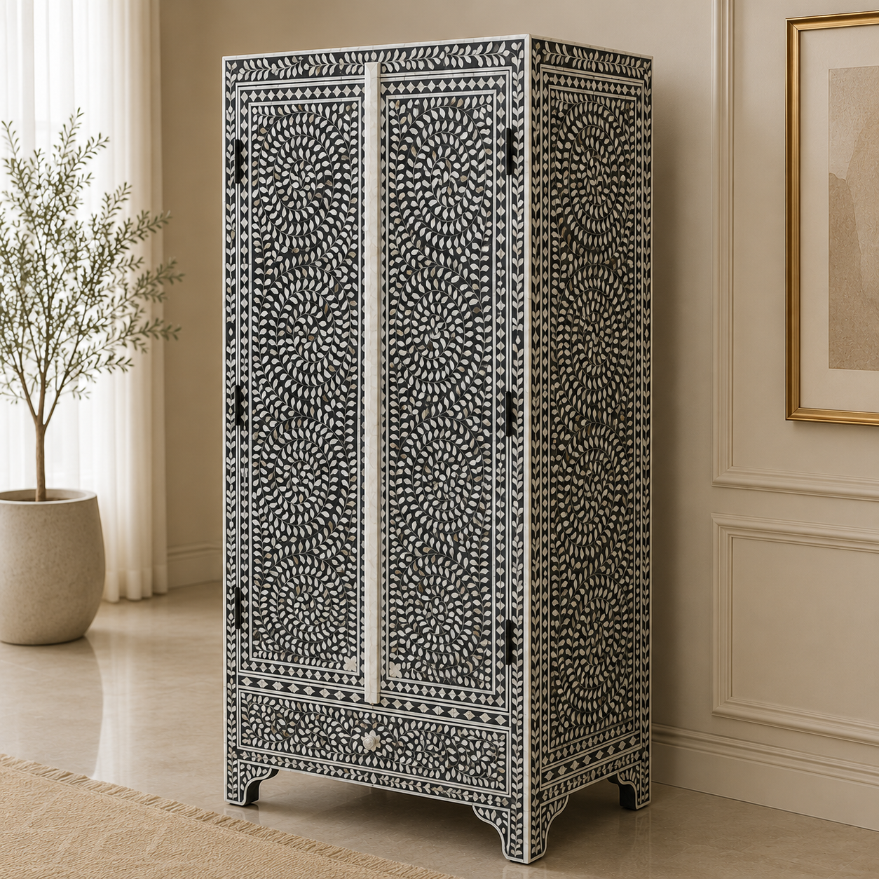 Handcrafted Floral Vine Mother Of Pearl Inlay Cabinet  | Luxury Storage Cabinet | JOTDECOR