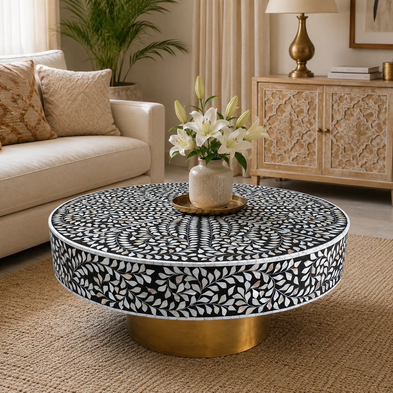 Handcrafted Black Mother of Pearl Floral Vine Round Coffee Table with Brass Base