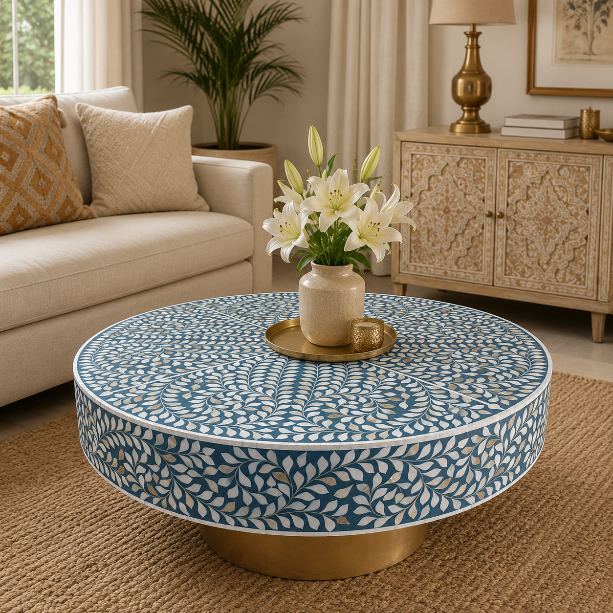 Handcrafted Black Mother of Pearl Floral Vine Round Coffee Table with Brass Base