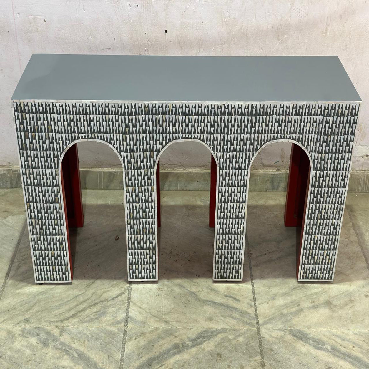Handcrafted Mother of Pearl Inlay Geometric Triangle Console Table | Luxury Arch Design Entryway Console | JOTDECOR