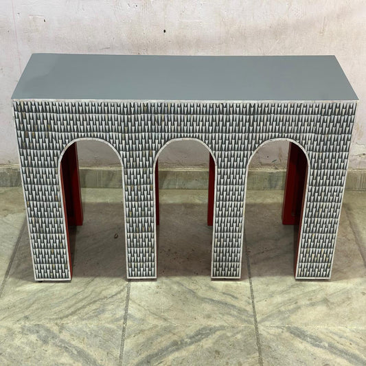 Handcrafted Mother of Pearl Inlay Geometric Triangle Console Table | Luxury Arch Design Entryway Console | JOTDECOR