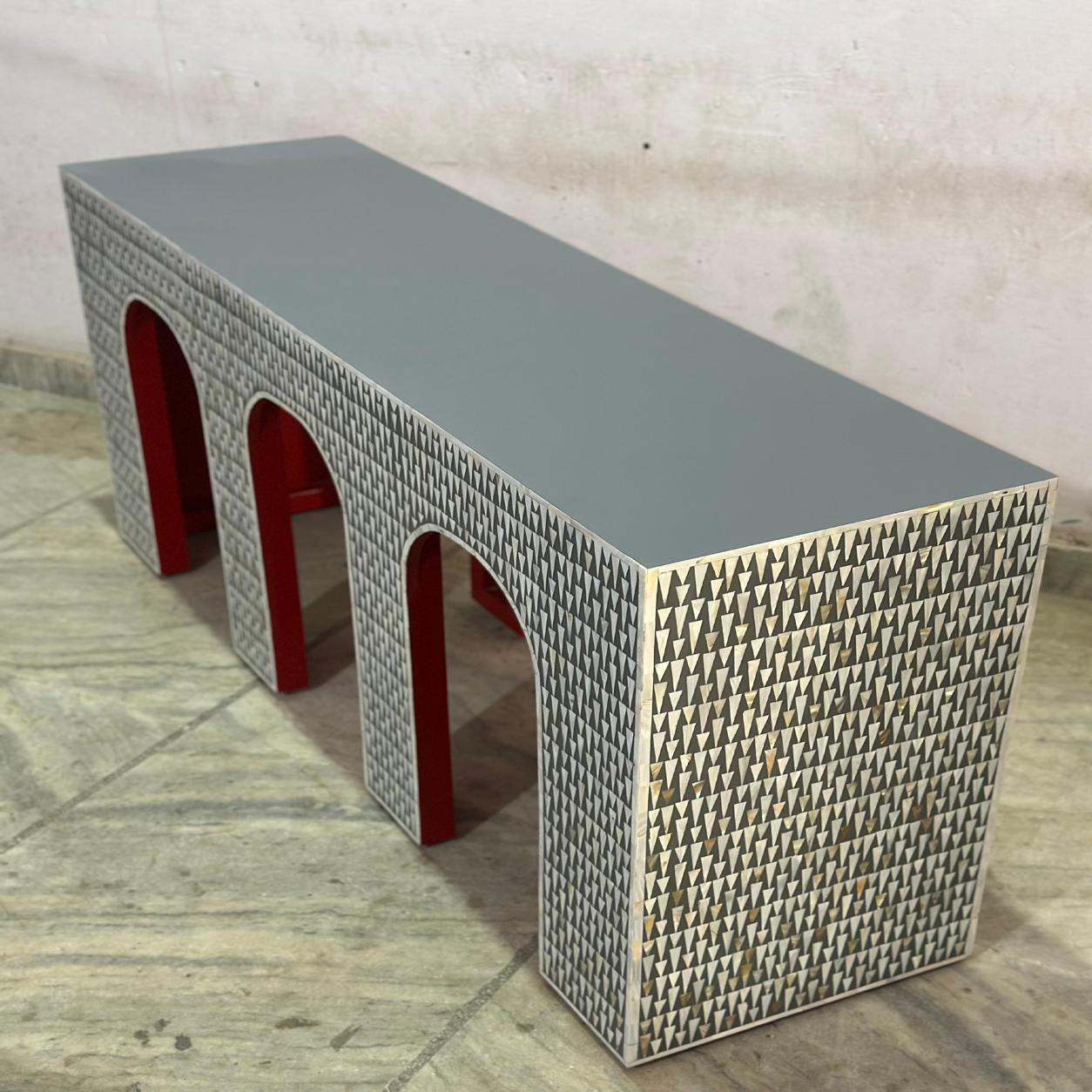 Handcrafted Mother of Pearl Inlay Geometric Triangle Console Table | Luxury Arch Design Entryway Console | JOTDECOR