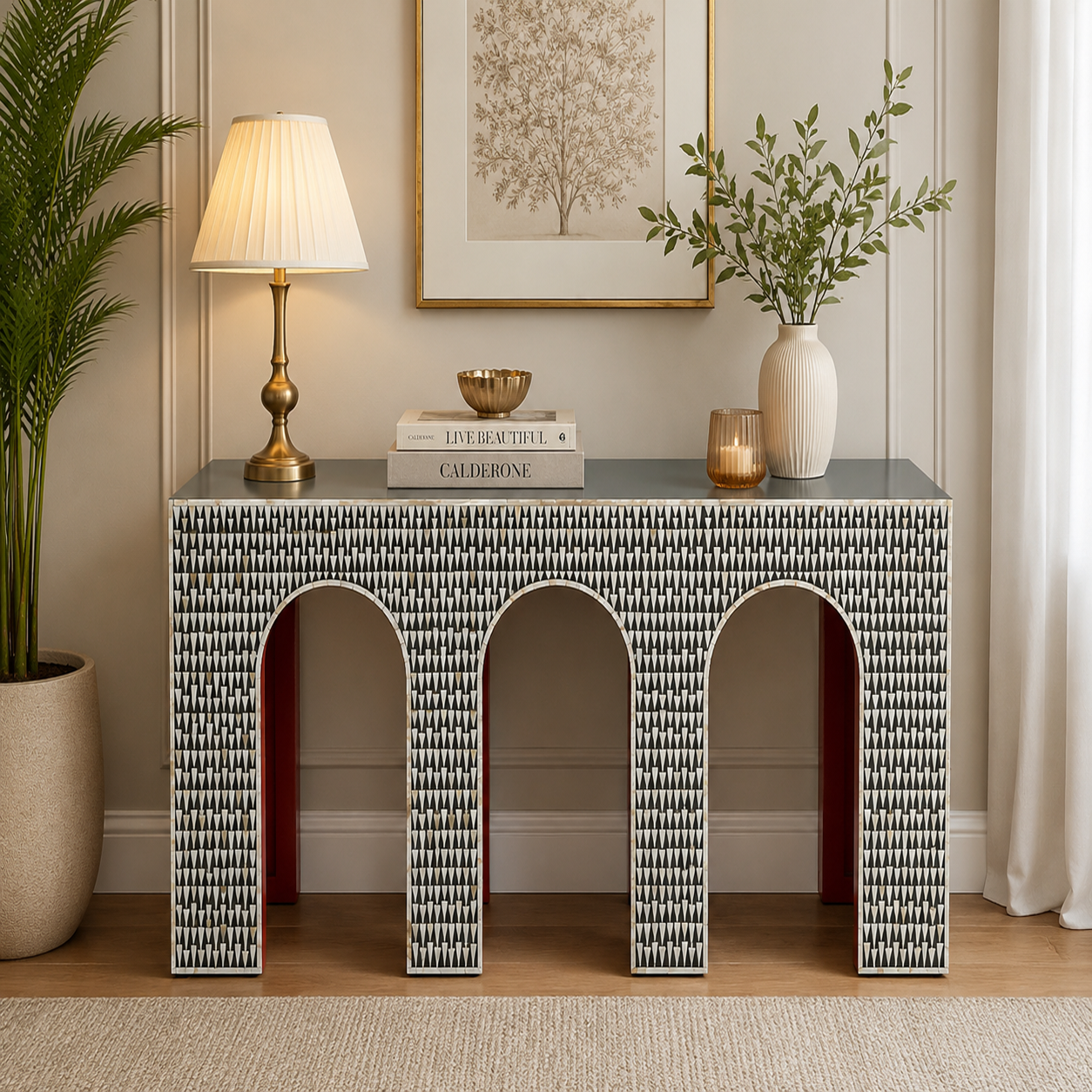 Handcrafted Mother of Pearl Inlay Geometric Triangle Console Table | Luxury Arch Design Entryway Console | JOTDECOR