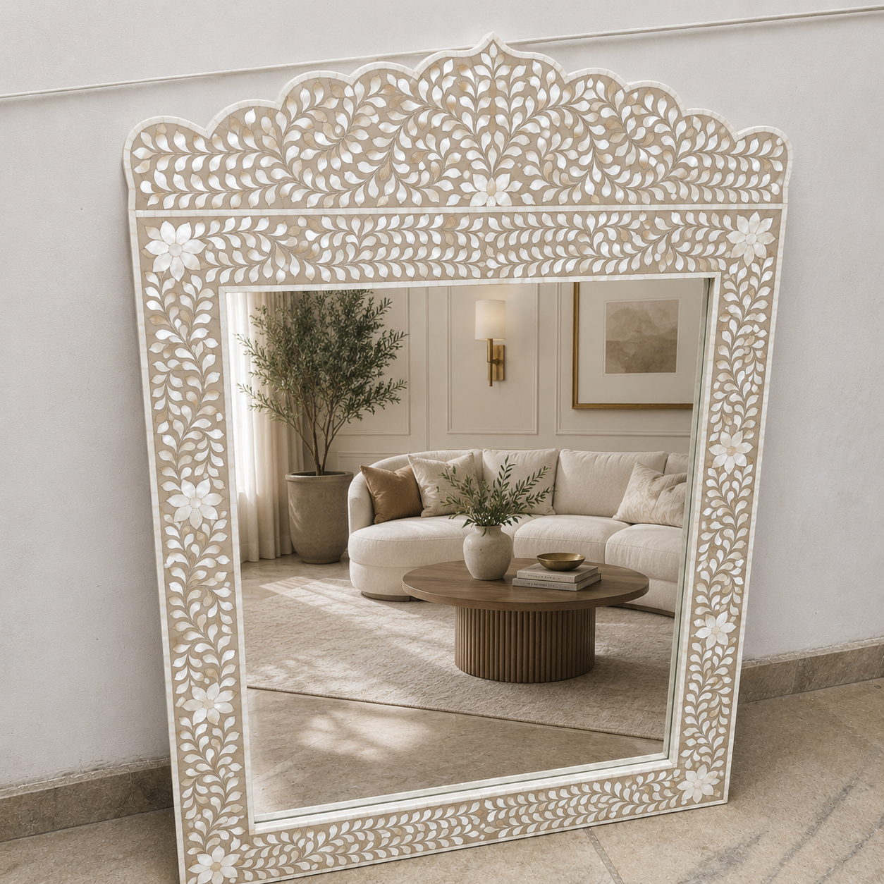 Handcrafted Pink Bone Inlay Floral Vine Mirror | Luxury Decorative Wall Mirror | JOTDECOR