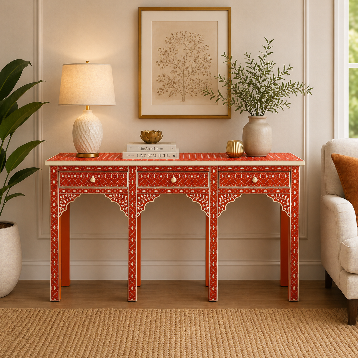 Handcrafted Orange Mother of Pearl Inlay Geometric Lattice & Mughal Arch Console Table with 3 Drawers