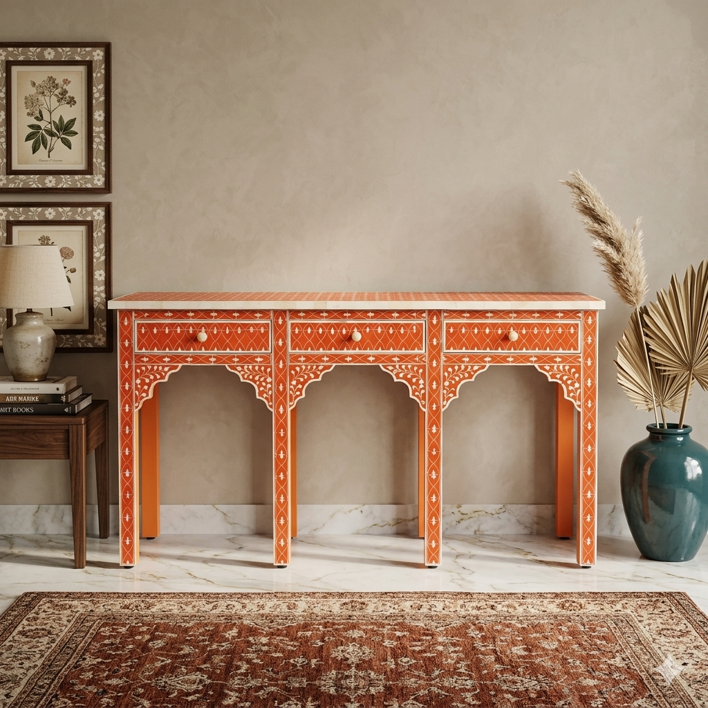 Handcrafted Orange Mother of Pearl Inlay Geometric Lattice & Mughal Arch Console Table with 3 Drawers