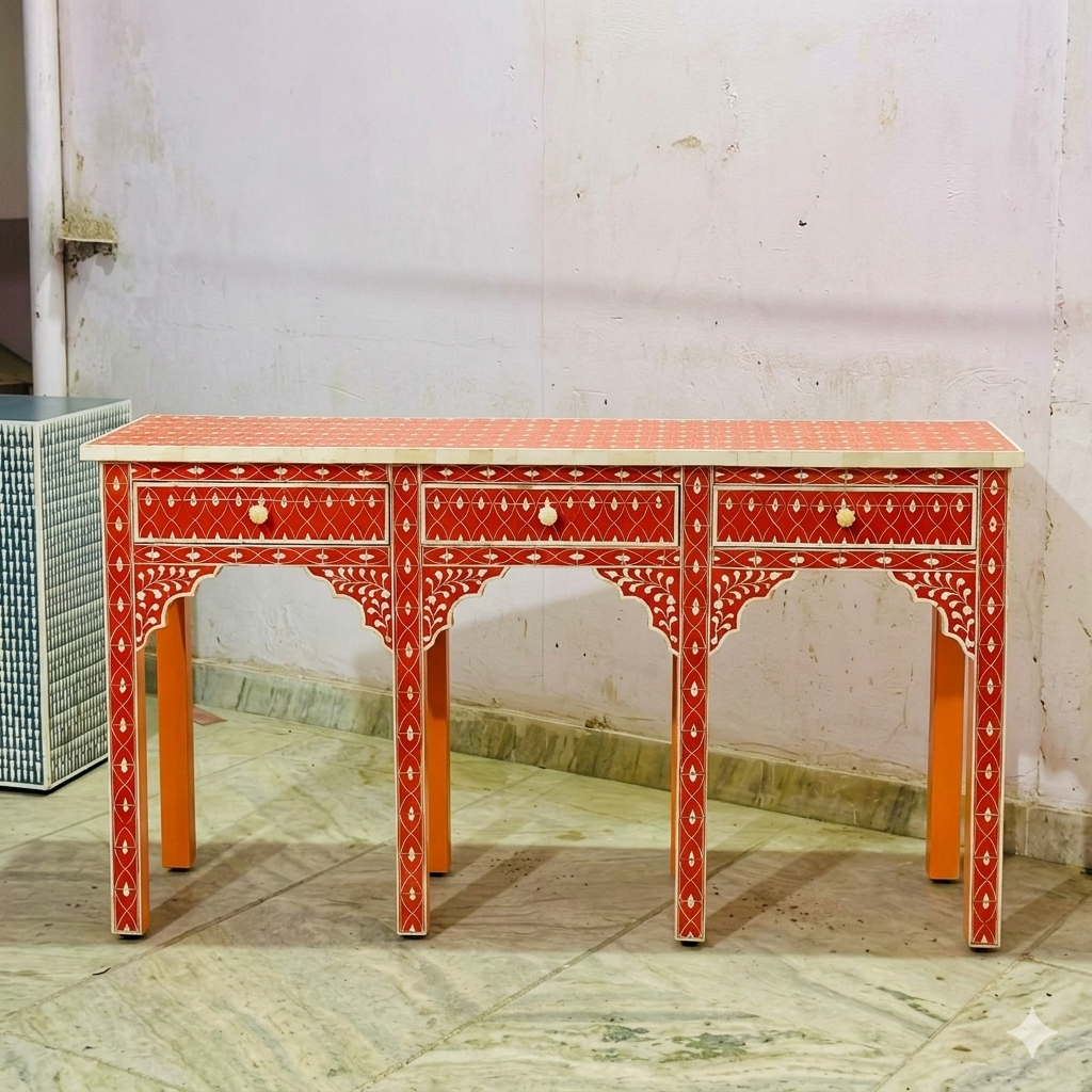 Handcrafted Orange Mother of Pearl Inlay Geometric Lattice & Mughal Arch Console Table with 3 Drawers