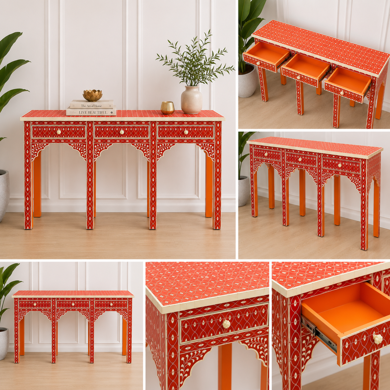 Handcrafted Orange Mother of Pearl Inlay Geometric Lattice & Mughal Arch Console Table with 3 Drawers