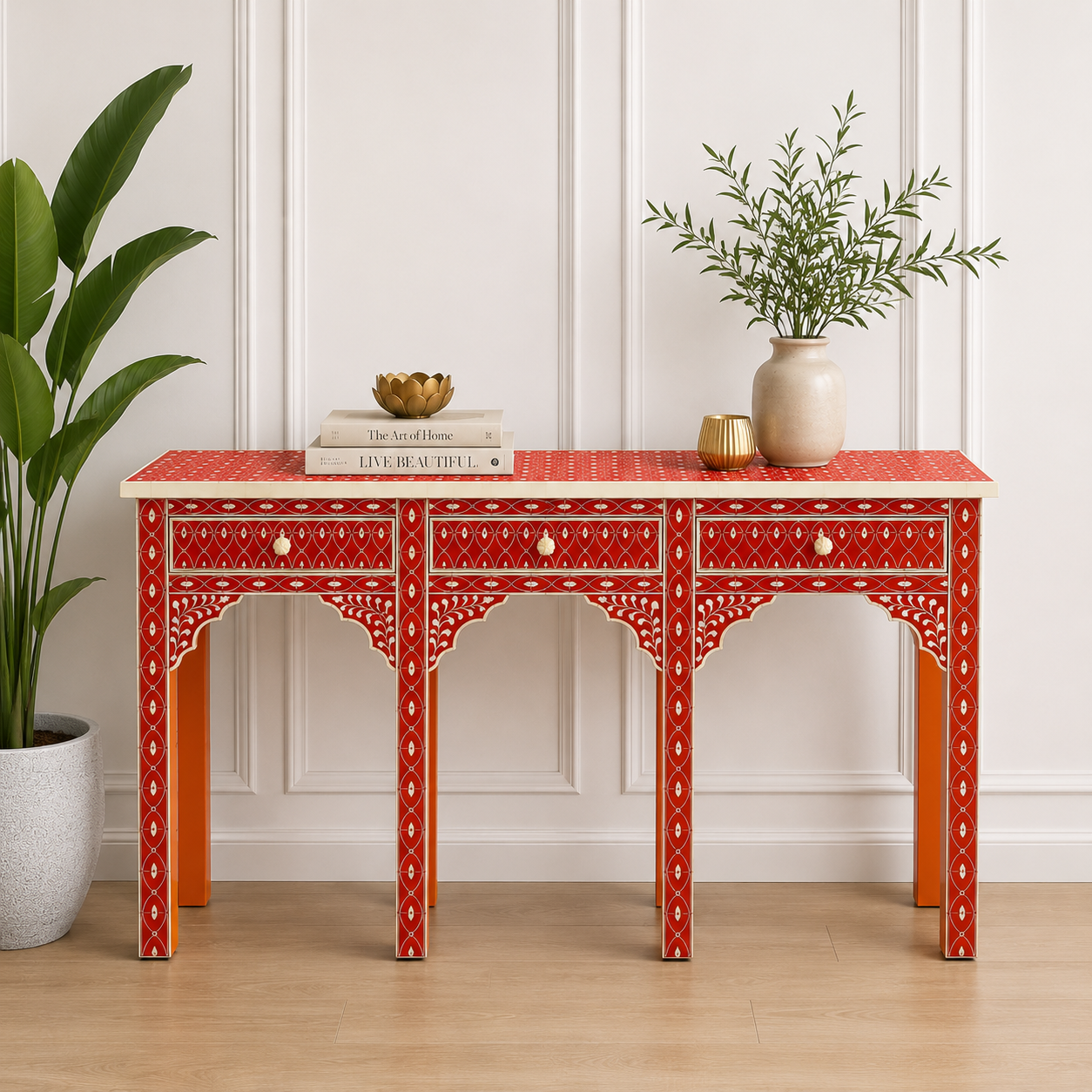 Handcrafted Orange Mother of Pearl Inlay Geometric Lattice & Mughal Arch Console Table with 3 Drawers