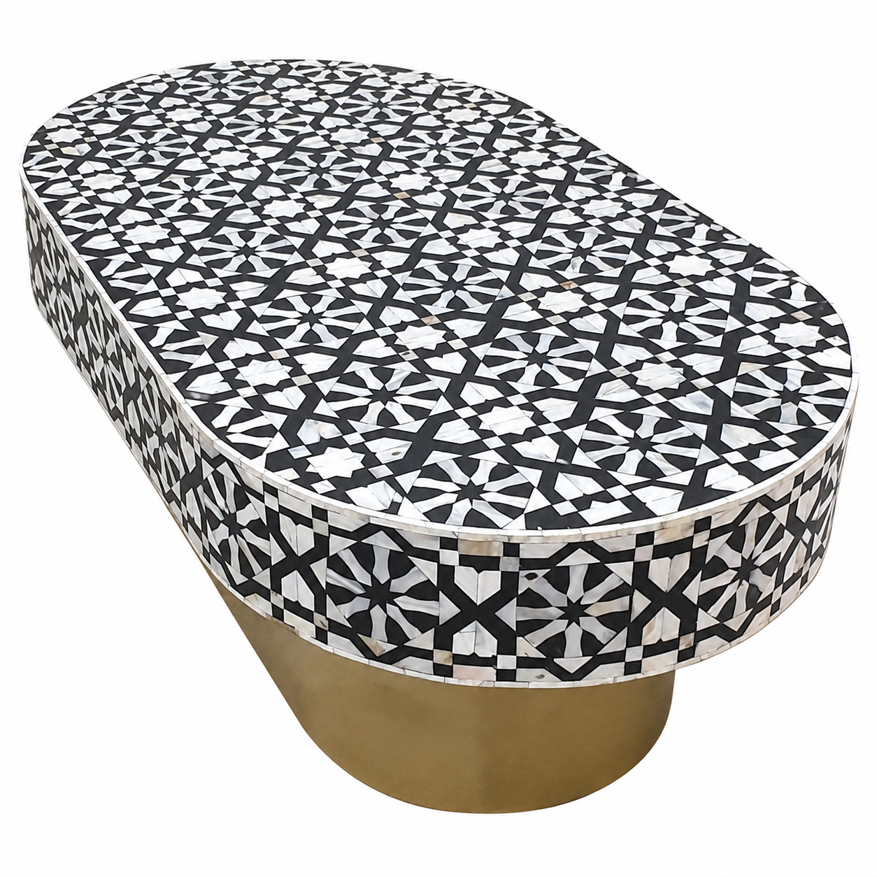Luxury Grey Bone Inlay Oval Coffee Table with Geometric Star Pattern & Gold Metal Base | Handcrafted Modern Center Table
