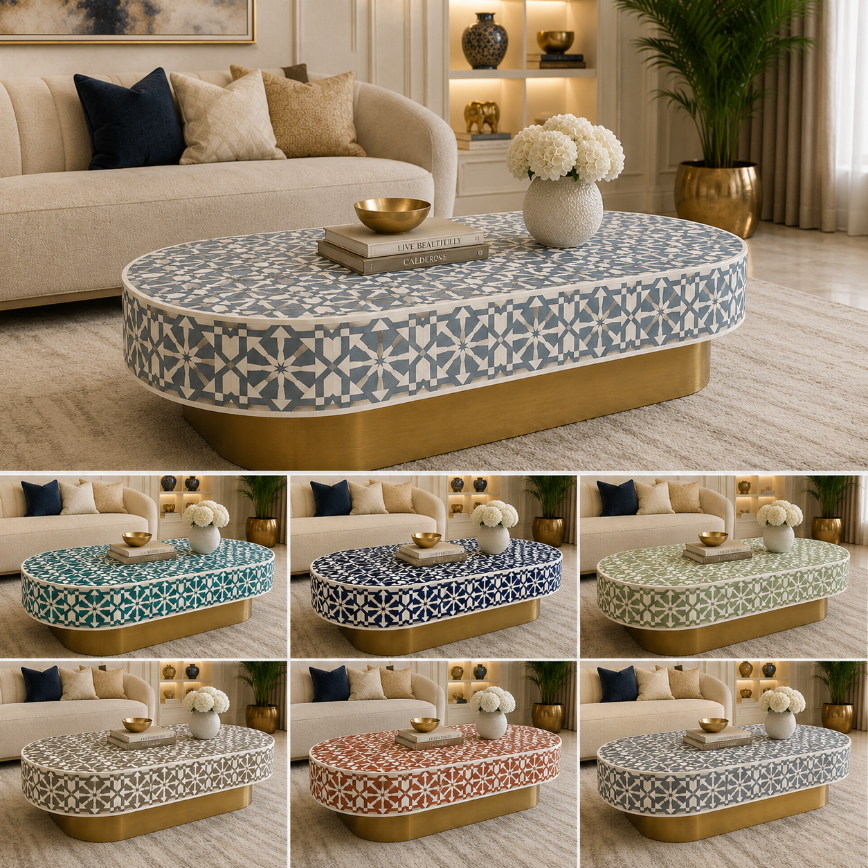 Luxury Grey Bone Inlay Oval Coffee Table with Geometric Star Pattern & Gold Metal Base | Handcrafted Modern Center Table