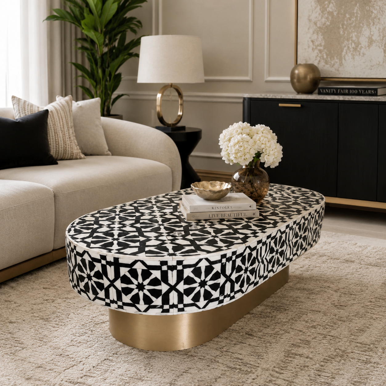 Luxury Grey Bone Inlay Oval Coffee Table with Geometric Star Pattern & Gold Metal Base | Handcrafted Modern Center Table