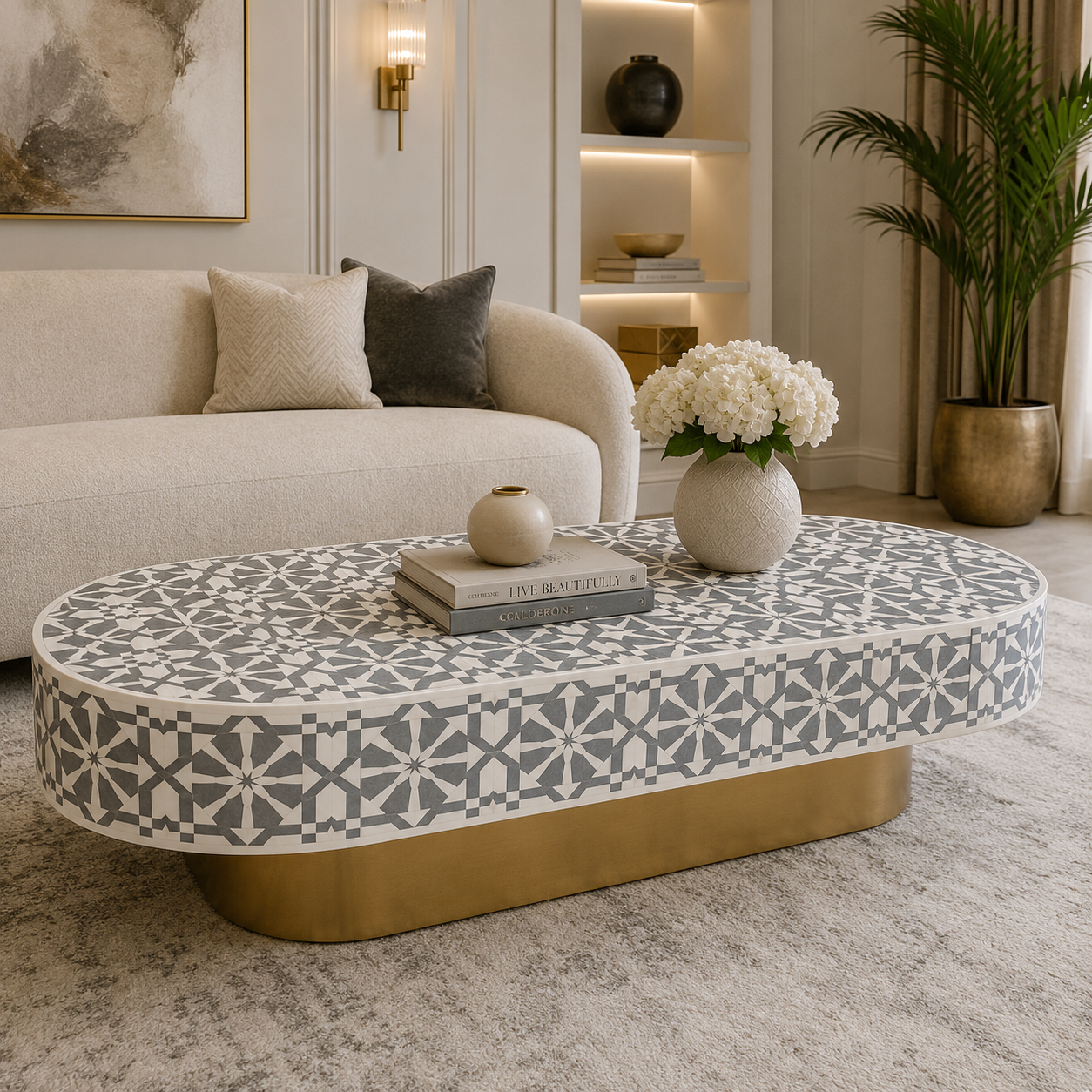 Luxury Grey Bone Inlay Oval Coffee Table with Geometric Star Pattern & Gold Metal Base | Handcrafted Modern Center Table