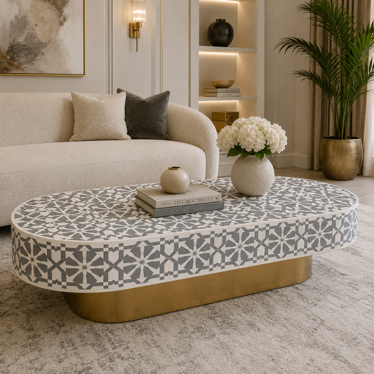 Luxury Grey Bone Inlay Oval Coffee Table with Geometric Star Pattern & Gold Metal Base | Handcrafted Modern Center Table