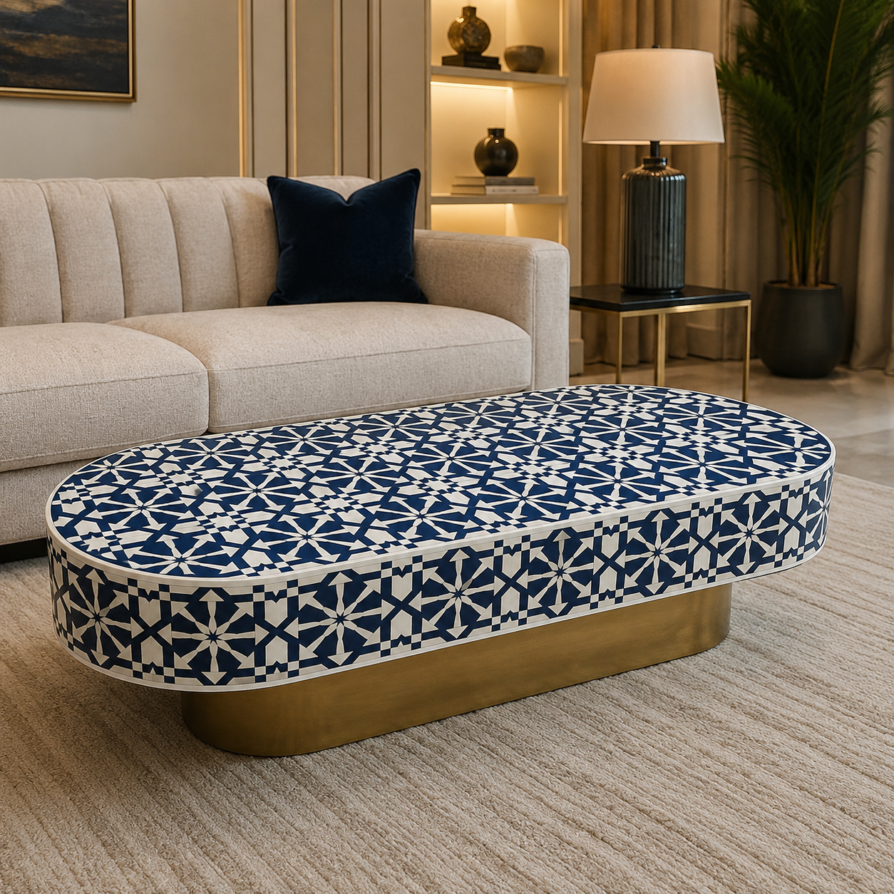 Luxury Grey Bone Inlay Oval Coffee Table with Geometric Star Pattern & Gold Metal Base | Handcrafted Modern Center Table