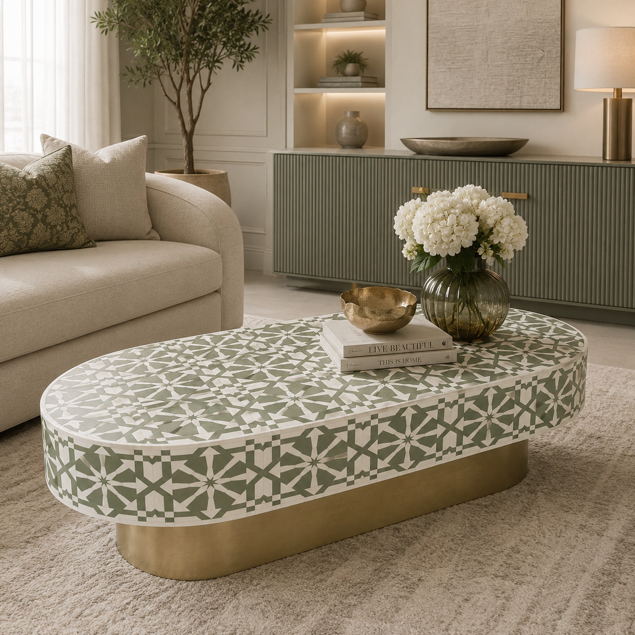 Luxury Grey Bone Inlay Oval Coffee Table with Geometric Star Pattern & Gold Metal Base | Handcrafted Modern Center Table