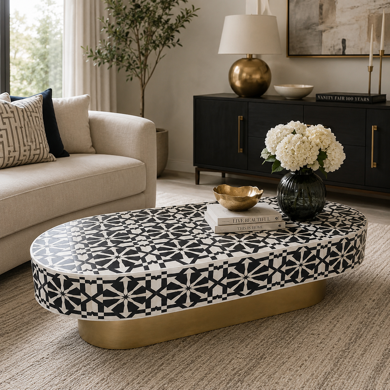 Luxury Grey Bone Inlay Oval Coffee Table with Geometric Star Pattern & Gold Metal Base | Handcrafted Modern Center Table
